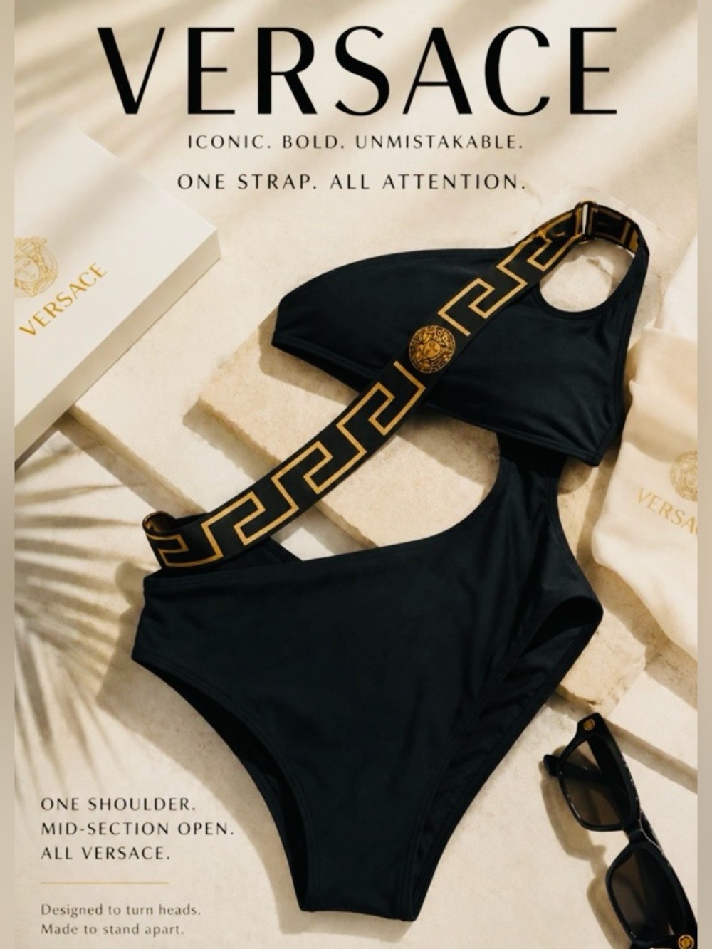 VERSACE Medusa Greca Logo One Shoulder Cutout Black Gold Swimsuit Med. NWT✅